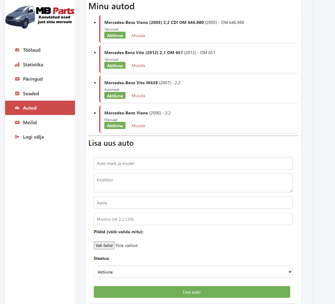 Kasutatud varuosade haldussüsteem kliendile